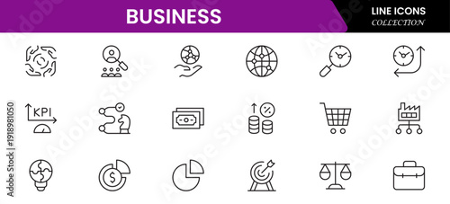 Business and Finance web icons in line style. Money, bank, contact, infographic. Icon collection. Vector illustration.