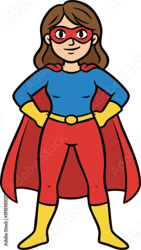 Confident woman stands as a superhero with her cape blowing in the wind