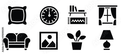 set of black and white icons depicting furniture
