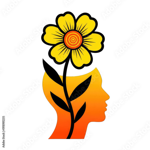 Mind Growth Concept: Head Silhouette with Blooming Flower, Clean Cut-out with No Solid Background