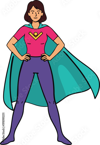 Confident woman stands as a superhero with her cape blowing in the wind
