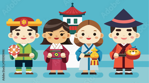 Cute asian children in traditional costumes holding festive food and gifts in front of oriental temple colorful flat vector illustration