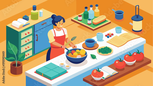 Woman cooking healthy salad in modern kitchen with fresh vegetables and recipe book colorful flat vector illustration