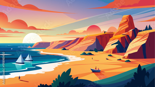 Colorful seaside cliffs and sandy beach with sailing boats and dramatic sunset sky scenic coastal landscape flat vector illustration