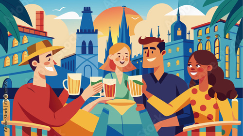 Happy friends drinking beer at outdoor cafe in european city at sunset festive travel and social lifestyle flat vector illustration