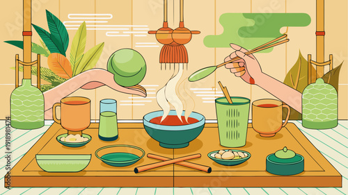 Asian tea ceremony with steaming bowl and hands holding cup and chopsticks in cozy interior with plants and traditional decor flat vector illustration