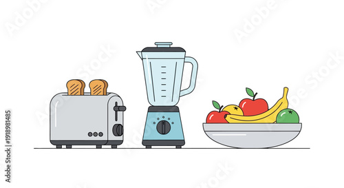 Kitchen blender with fresh fruits on countertop illustration
