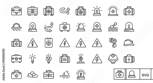 Safety Icon Collection: A comprehensive collection of safety icons, featuring various symbols related to caution, hazard, first aid, and equipment, all in a sleek, easily adaptable vector format.