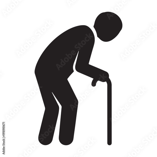 Black silhouette of elderly person with cane, walking stick or walking aid, isolated on transparent background,