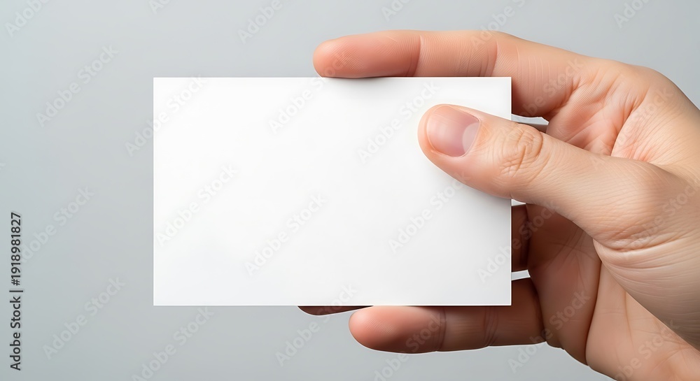 Fototapeta premium Hand holding a blank rectangular white card against a plain gray background