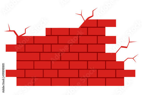 A red brick wall with cracks and breaks in a flat, minimalist vector illustration style