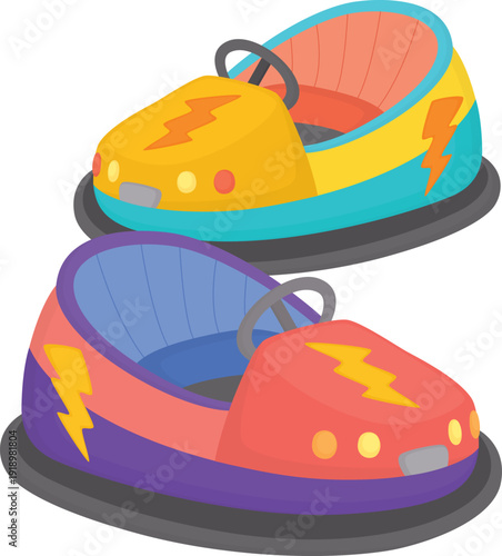 Illustration of two colorful bumper cars from funfair. Amusement park attraction isolated on white
