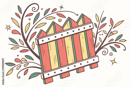 A colorful illustration of a wooden fence with metal bands and autumn leaves