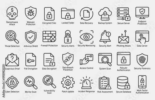Malware andRansomware Protection Line Icon Set. Including Ransomware Attack, Malware Protection, Encrypted Files, Locked Folder, Data Recovery, Backup System, Secure Server, Threat Detection, etc.