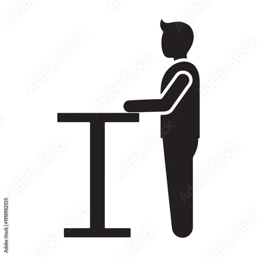 Black silhouette of a man standing at a lectern or podium, giving a presentation or speech, isolated on transparent background, png