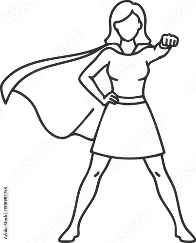 Confident woman stands as a superhero with her cape blowing in the wind