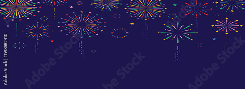 Colorful fireworks display background, New Year border