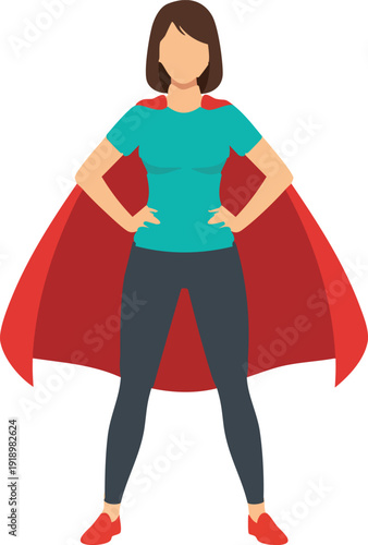 Confident woman stands as a superhero with her cape blowing in the wind