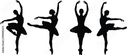 Flat vector illustration of ballet dancer silhouettes, classical poses, tutu costumes, graceful movement, elegance, balance, performing arts dance artwork
