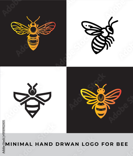 Set of minimal bee logo templates with hand drawn style modern icons honeycomb inspired branding elements for apiary organic honey business identity