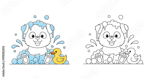 Coloring book page of cute cartoon puppy taking a bath with rubber duck and bubbles. Vector illustration of happy dog washing with outline and colored version for kids activity.