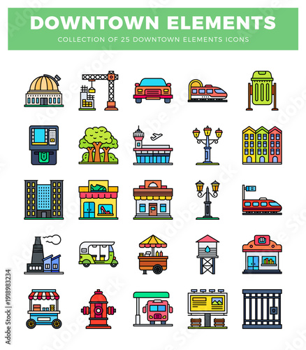 downtown elements icons showing urban city structures. transportation. and amenities