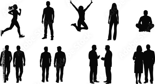 Flat vector illustration of diverse people silhouettes, running, jumping, sitting, walking, standing, social interaction, human posture, body language artwork
