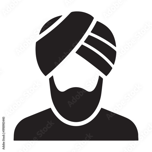 Black vector illustration of a man wearing a traditional Sikh turban and beard, avatar or icon for profile or presentation, isolated on transparent background, png