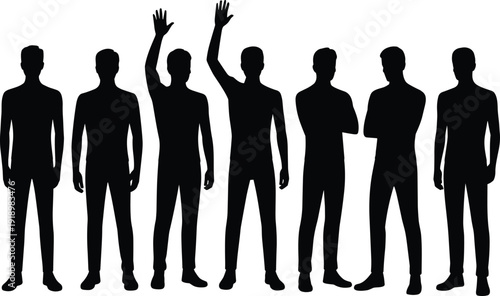 Group of standing men silhouettes with raised hands, diverse male figures isolated in black and white on gray background illustration