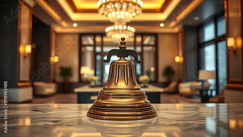 checkin. Elegant hotel lobby counter with a vintage bell, featuring warm lighting and marble surfaces. real-estate listings.