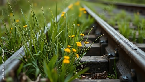 trackbed. Close-up of wild grass and yellow flowers growing through cracks in old railway tracks. ESG reports, sustainability campaigns, designed for environmental awareness campaigns.