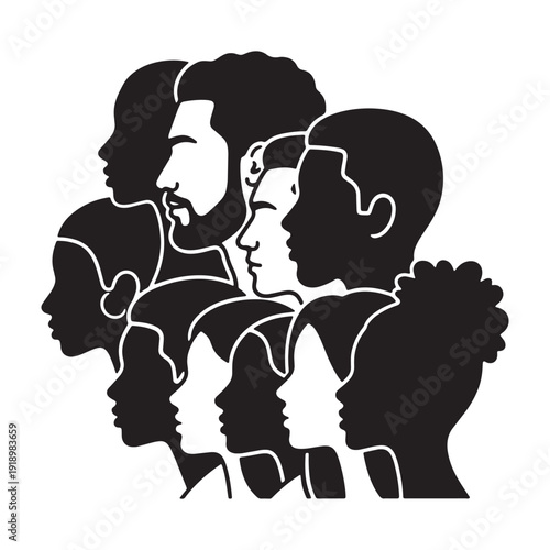 Diverse group of people silhouettes, multicultural crowd illustration, vector profile faces, for website or presentation, diversity and inclusion concept