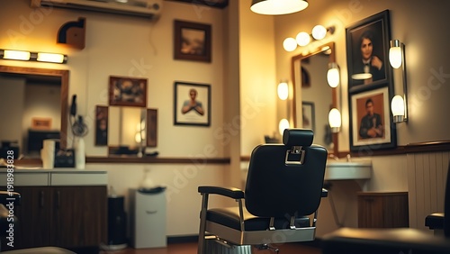 razor. Barber shop interior with an empty chair and mirror, illuminated by warm ambient light. real-estate listings.