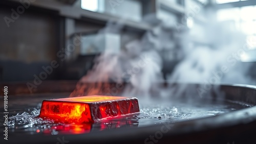 enthalpy. Red-hot steel being quenched in water, creating dramatic clouds of steam. safety posters, maintenance manuals, designed for industrial assembly lines and welding operations.