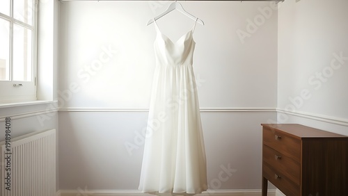 unworn. A pristine white wedding dress hanging in a quiet room, soft window light. lifestyle magazines, social media lookbooks, designed for lifestyle magazines and social media content.