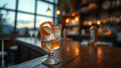 amaro. Glass of amaro on ice with orange peel on a worn wooden bar counter. bar promotions, beverage menus, designed for food & beverage menus and cafe branding, used by interior designers.