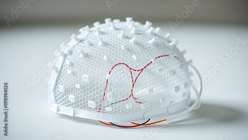rhythmically. A white mesh EEG cap with electrodes and colorful wires on a plain surface. STEM education sheets, lab safety posters, designed for STEM education and laboratory safety posters.