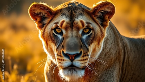 ferocity. Lioness portrait with intense gaze and detailed fur in golden savannah setting. wildlife magazines, conservation campaigns, designed for wildlife conservation campaigns.