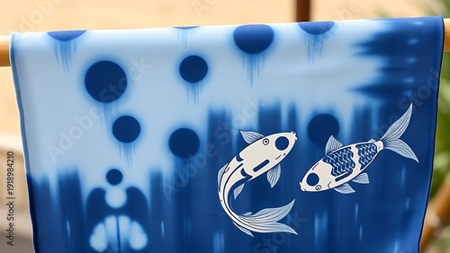 tenugui. Japanese indigo-dyed tenugui with koi pattern drying on a bamboo pole. gardening catalogs, home-decor guides, designed for home decor and floral branding, used by ux designers.