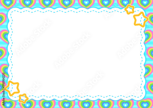 平成レトロでポップな世界観を表現したハートと星のモチーフが可愛い水色のデコラ風フレーム背景素材 SNS投稿や動画のテロップベースに最適なコピースペース付きの飾り枠 Y2Kファッション風カラフルデザイン