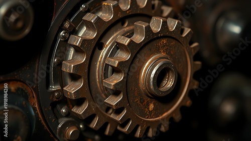 susceptibility. A rusted mechanical gear assembly with one jammed gear, metallic textures, industrial aesthetic. safety posters.