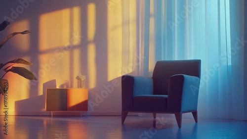 Minimalist living room with sofa, small cabinet and large houseplant bathed in warm golden hour light, window shadows stretching across the floor for a calm, cozy mood