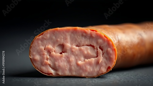 mettwurst. Cross-section of mettwurst sausage showing fine texture of meat and fat. menu design, packaging mockups, designed for food delivery and cloud-kitchen brand materials.