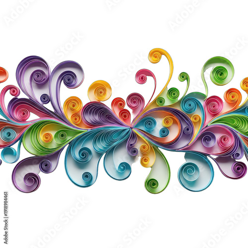 Vibrant Quilled Paper Swirls and Curls Decorative Border, Background Removed for Design