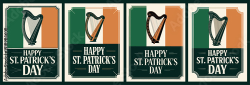 Happy St. Patricks Day Cards with Irish Harp and Flag Design