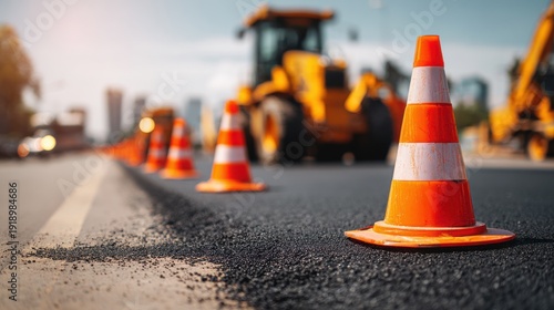 Row of orange traffic cones guiding traffic around road construction with construction equipment