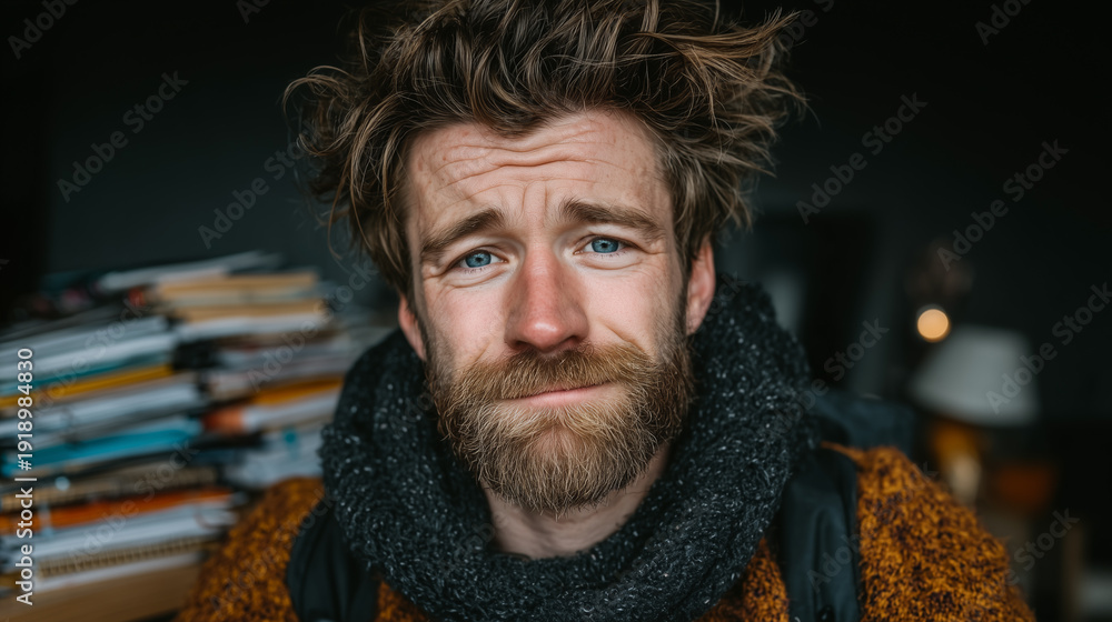 Fototapeta premium Emotional portrait of bearded man with messy hair in cozy interior under soft natural lighting.