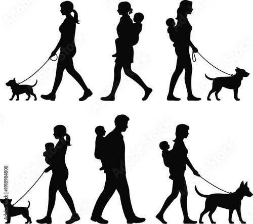 Family walking with dogs silhouettes set in black and white, parents carrying babies and strolling pets isolated on light gray background illustration