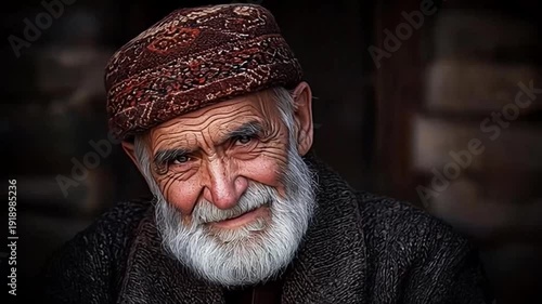 Elderly man with white beard and traditional hat looks directly at camera