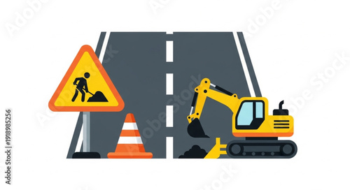 Road Construction Site with Excavator.